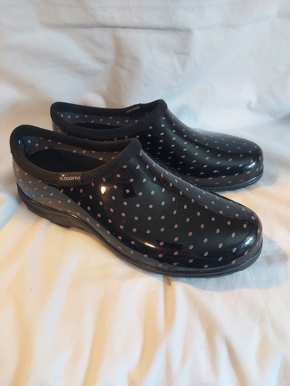 Sloggers Waterproof Garden Shoes - Black & White Polka Dot Clogs Size 10